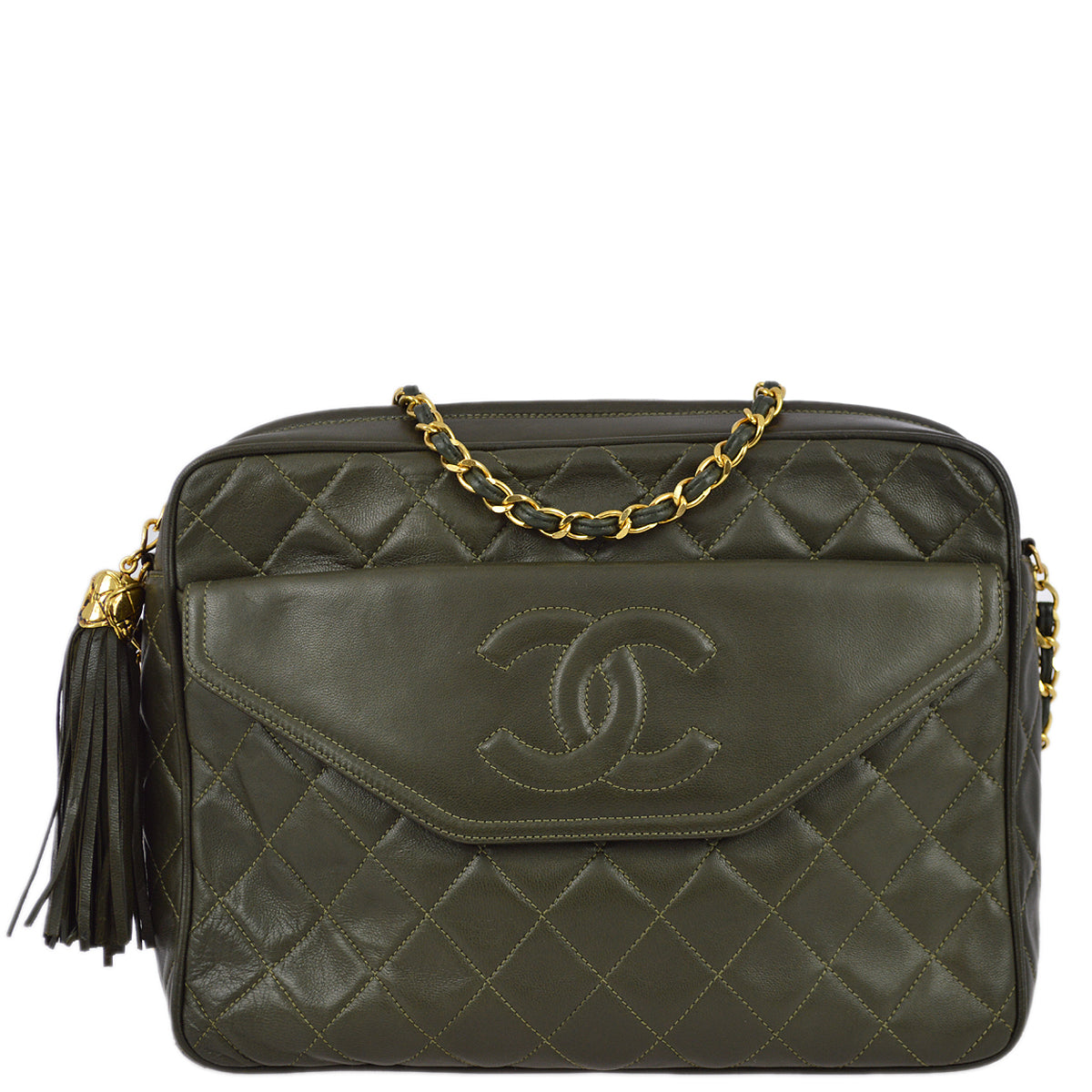 Chanel 1989-1991 Khaki Lambskin Pocket Camera Bag Large