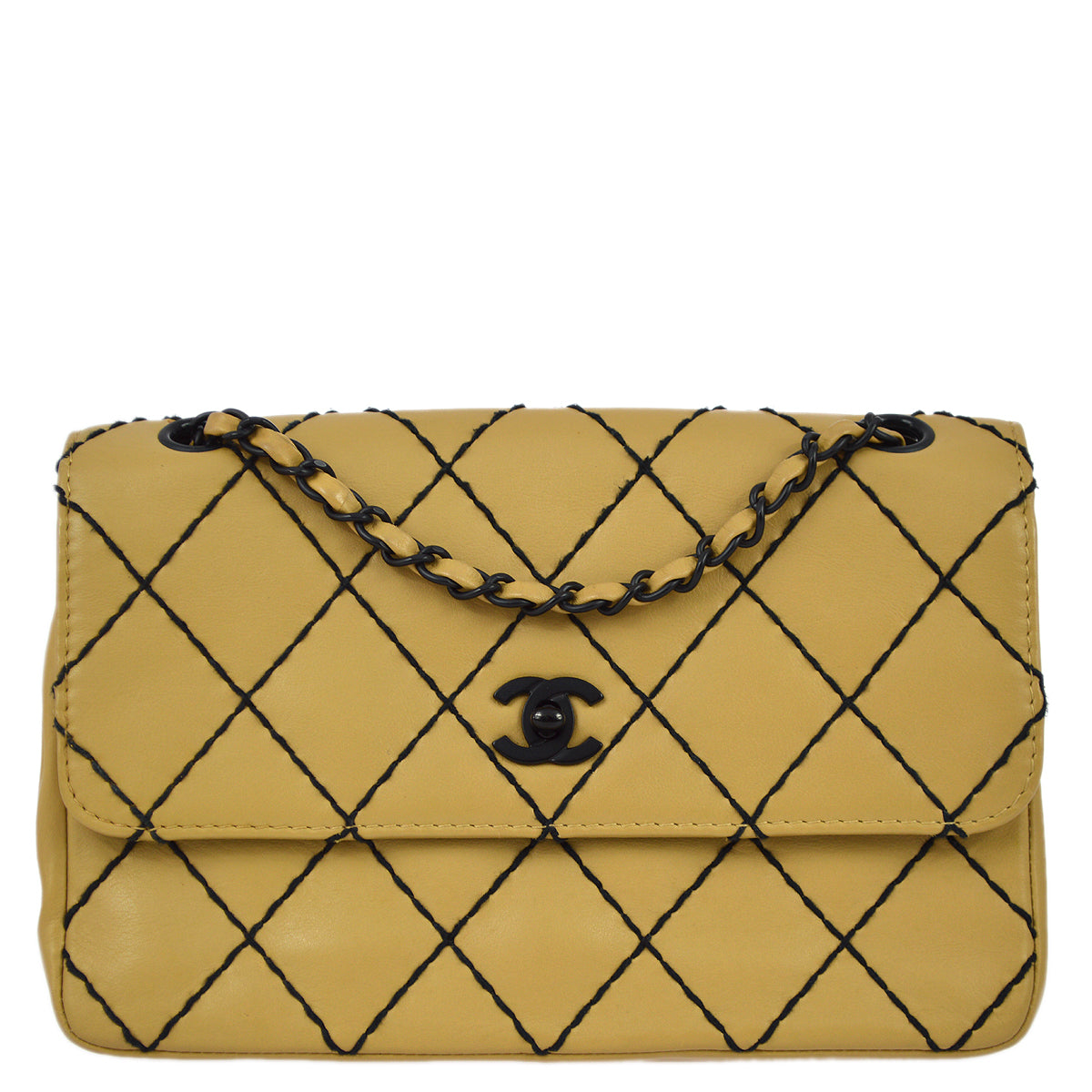 Chanel 2000-2001 Beige Calfskin Medium Wild Stitch Straight Flap Bag