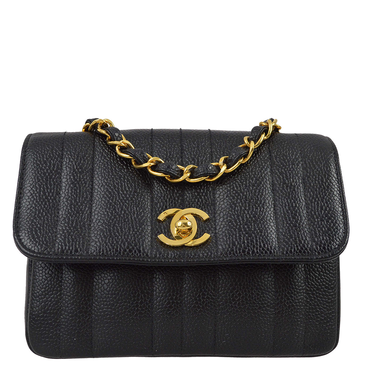 Chanel * 1994-1996 Black Caviar Mini Vertical Stitch Straight Flap Bag