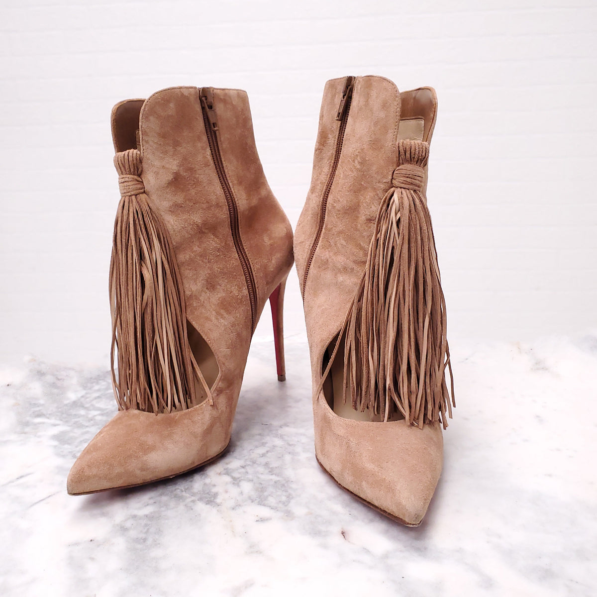 CHRISTIAN LOUBOUTIN SUEDE BOOTIES WITH FRINGE - SIZE 40.5
