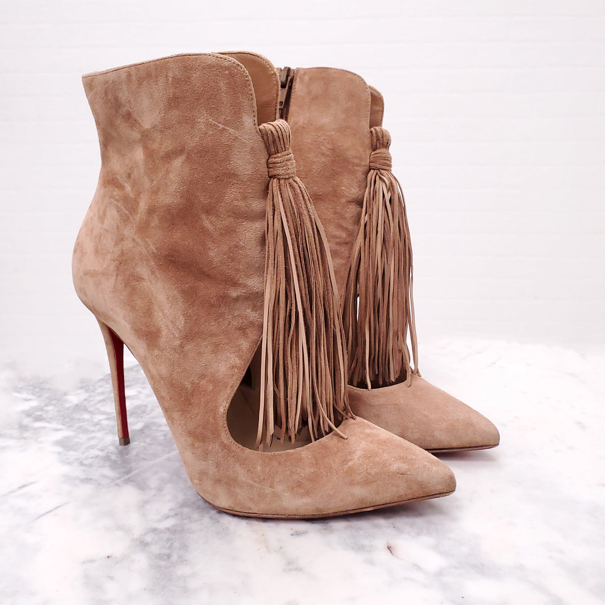 CHRISTIAN LOUBOUTIN SUEDE BOOTIES WITH FRINGE - SIZE 40.5