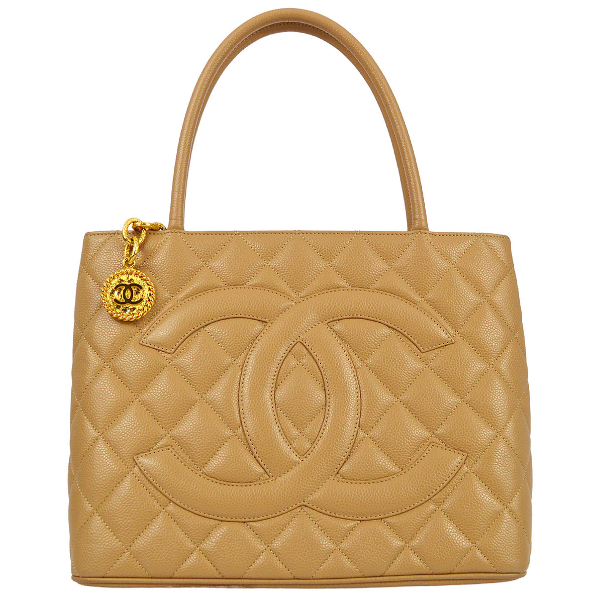 Chanel 2001-2003 Beige Caviar Medallion Tote Handbag