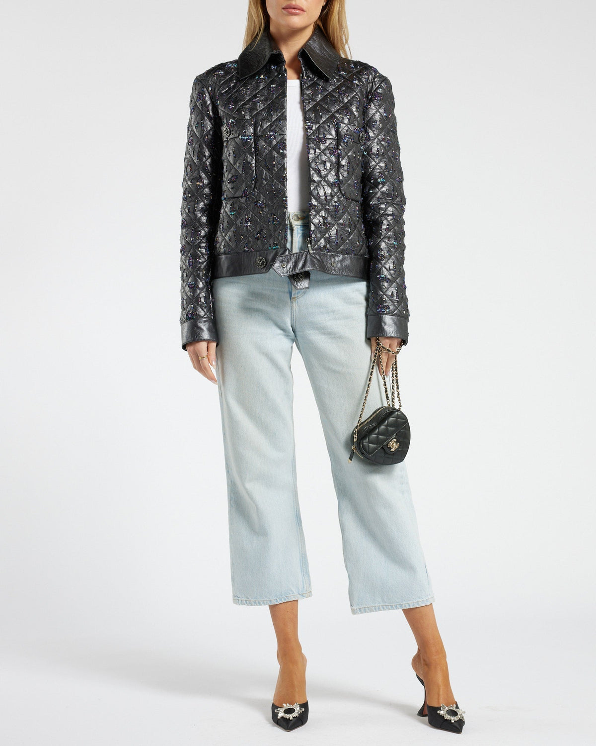 Chanel Navy Quilted with Tweed Embellishment Detail Leather Jacket FR 42 (UK 14)