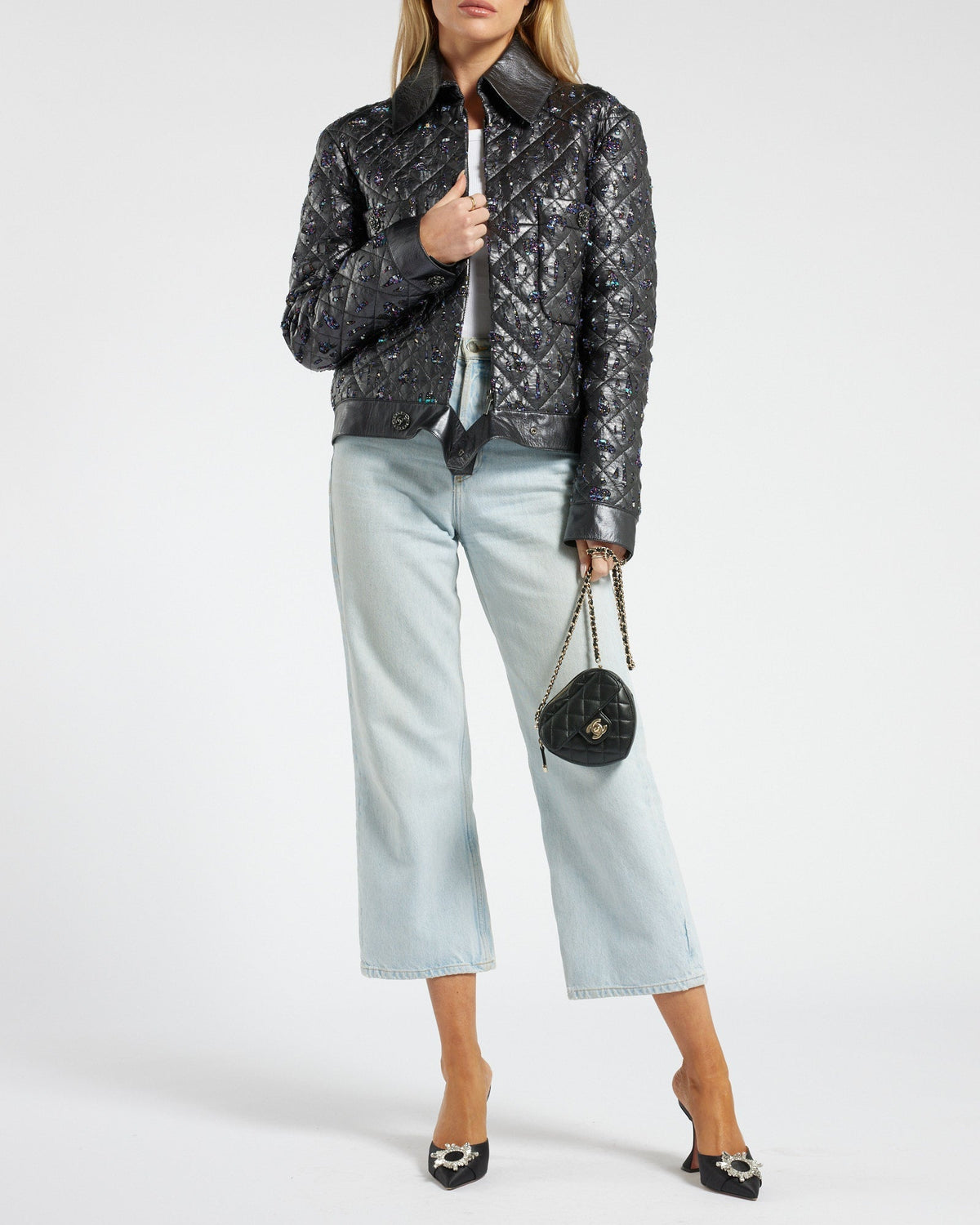 Chanel Navy Quilted with Tweed Embellishment Detail Leather Jacket FR 42 (UK 14)