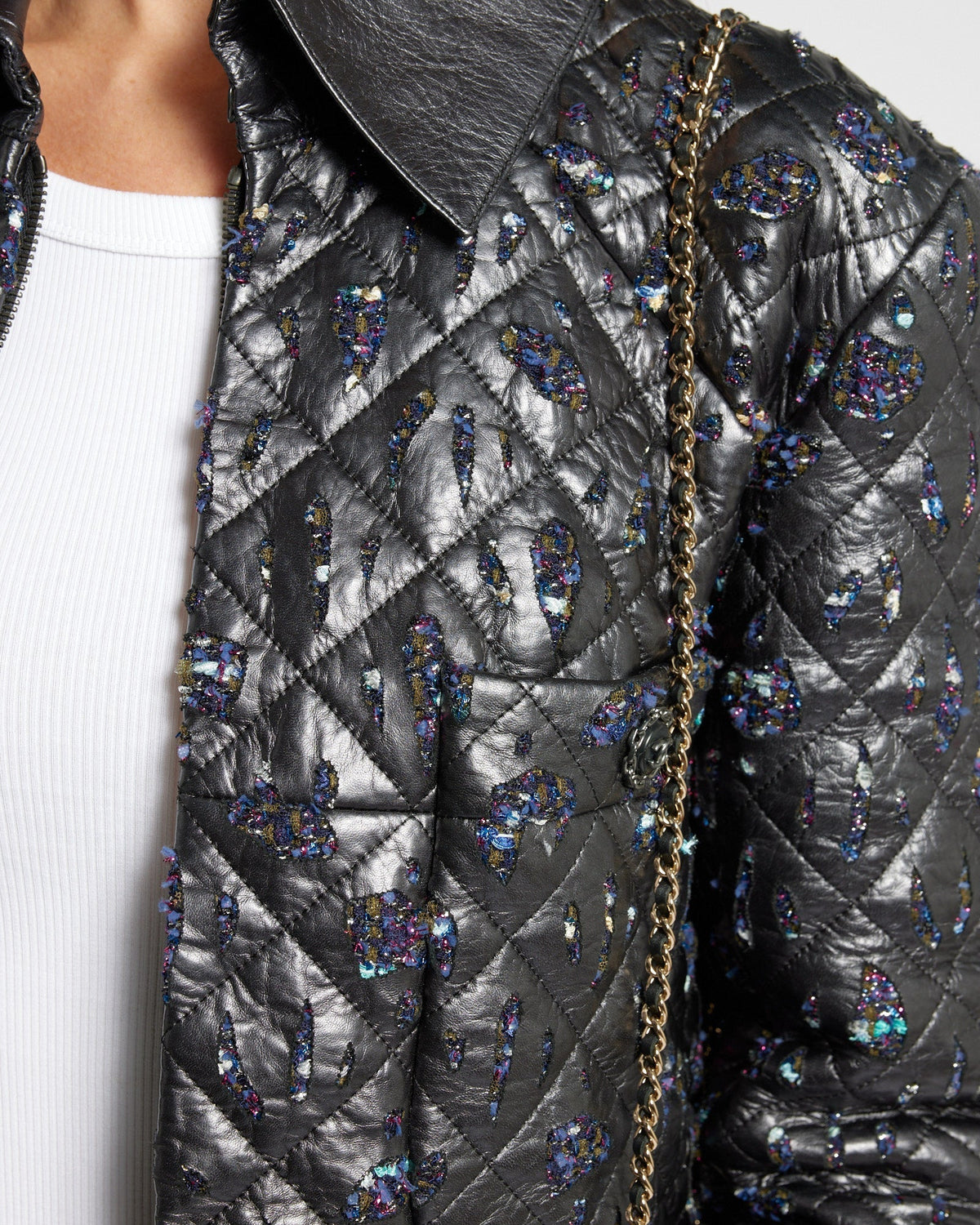 Chanel Navy Quilted with Tweed Embellishment Detail Leather Jacket FR 42 (UK 14)