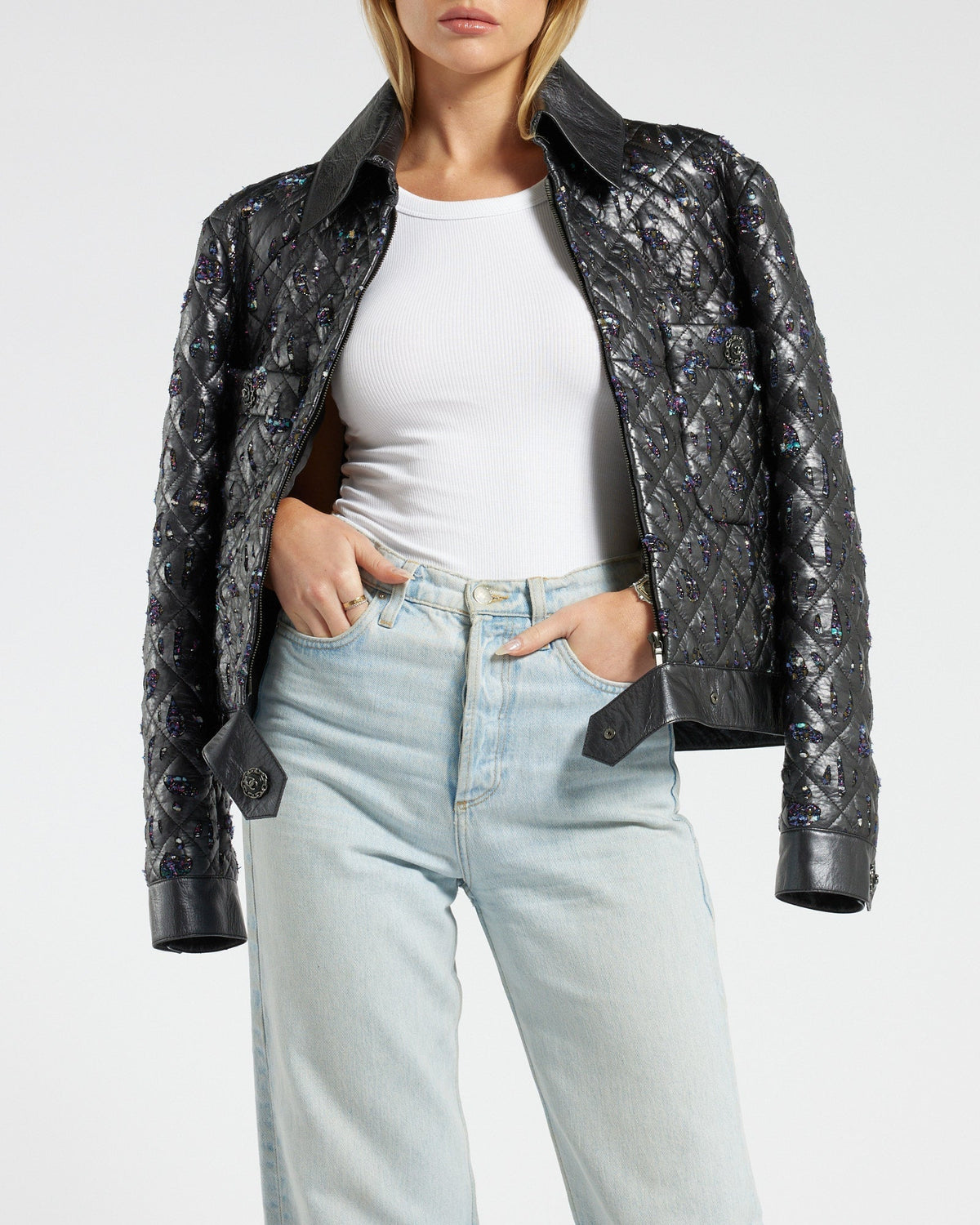 Chanel Navy Quilted with Tweed Embellishment Detail Leather Jacket FR 42 (UK 14)