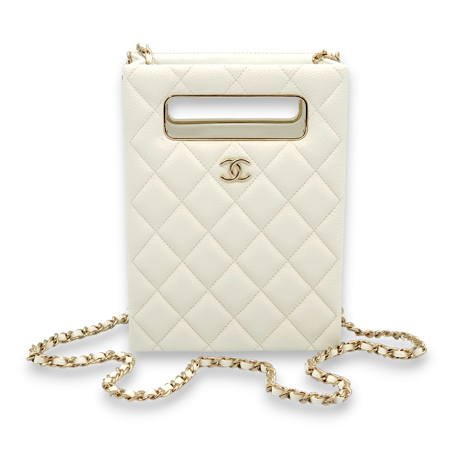 Quilted Vertical Evening Chain White Crossbody Bag in Caviar Leather, Gold hardware