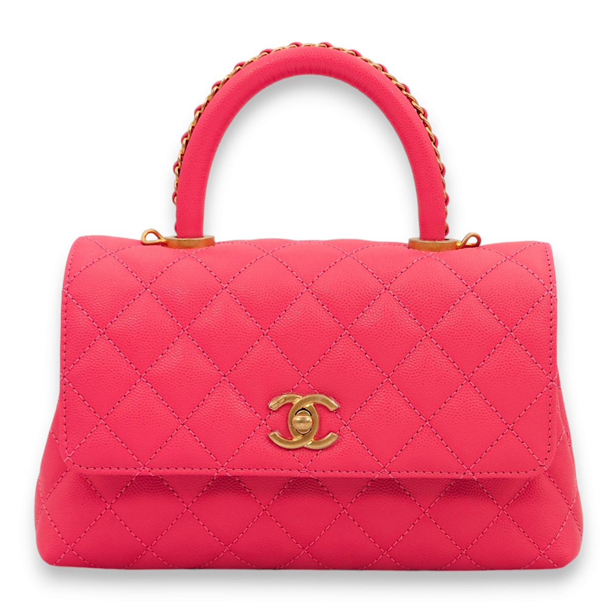 Quilted Coco Handle (Chained) Small Dark Pink Top Handle Bag in Caviar Leather, Gold hardware