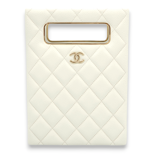 Quilted Vertical Evening Chain White Crossbody Bag in Caviar Leather, Gold hardware