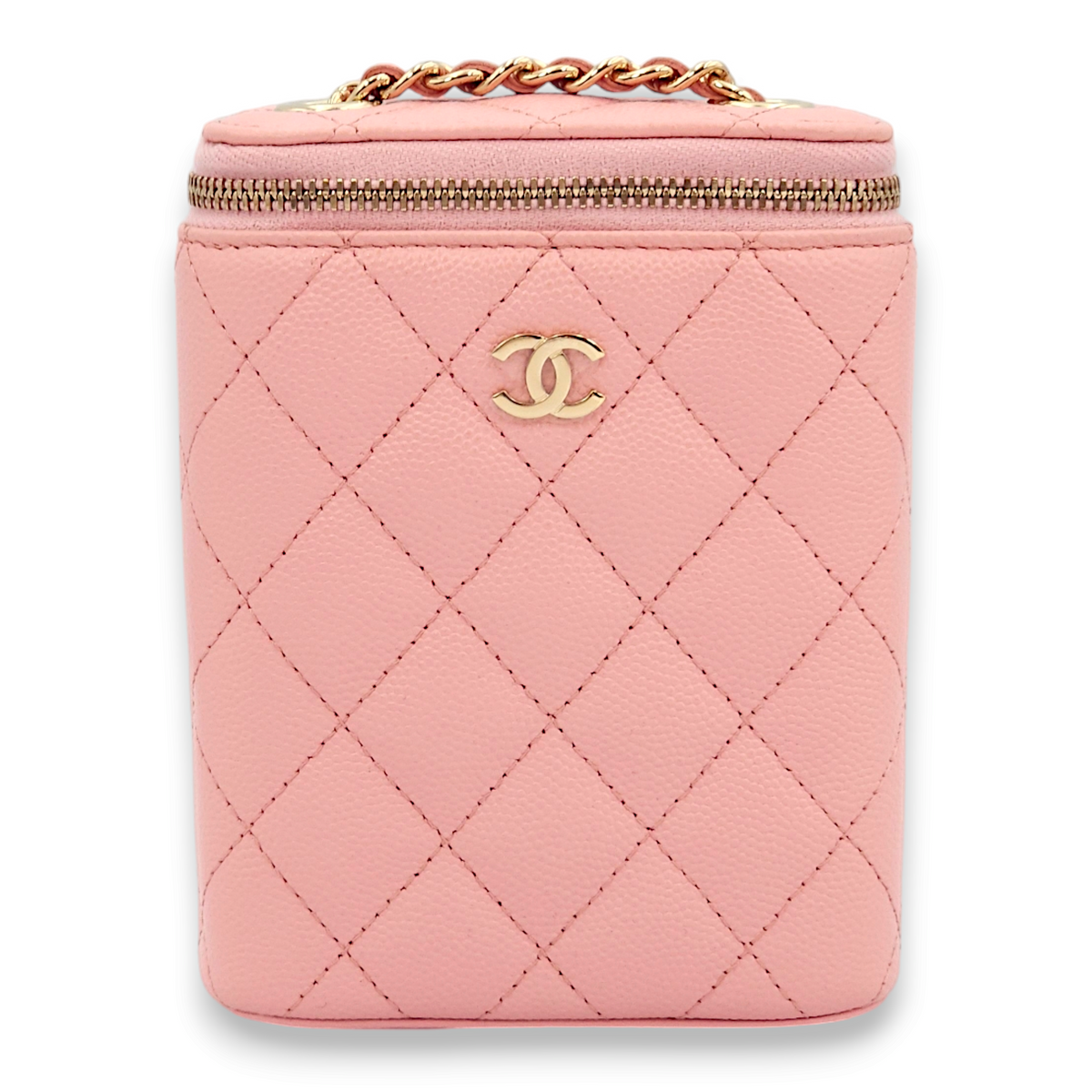 Quilted Vertical Mini Pink Vanity Bag in Caviar Leather, Gold hardware