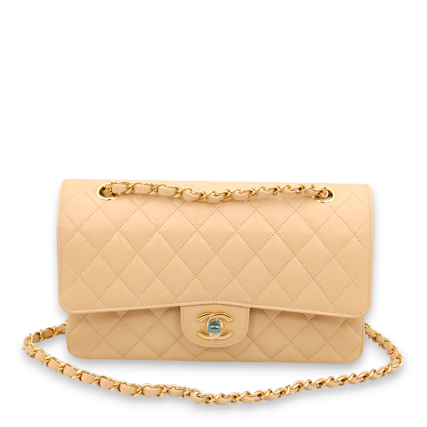 Classic Double Flap Medium Beige Shoulder Bag in Caviar Leather, Gold hardware