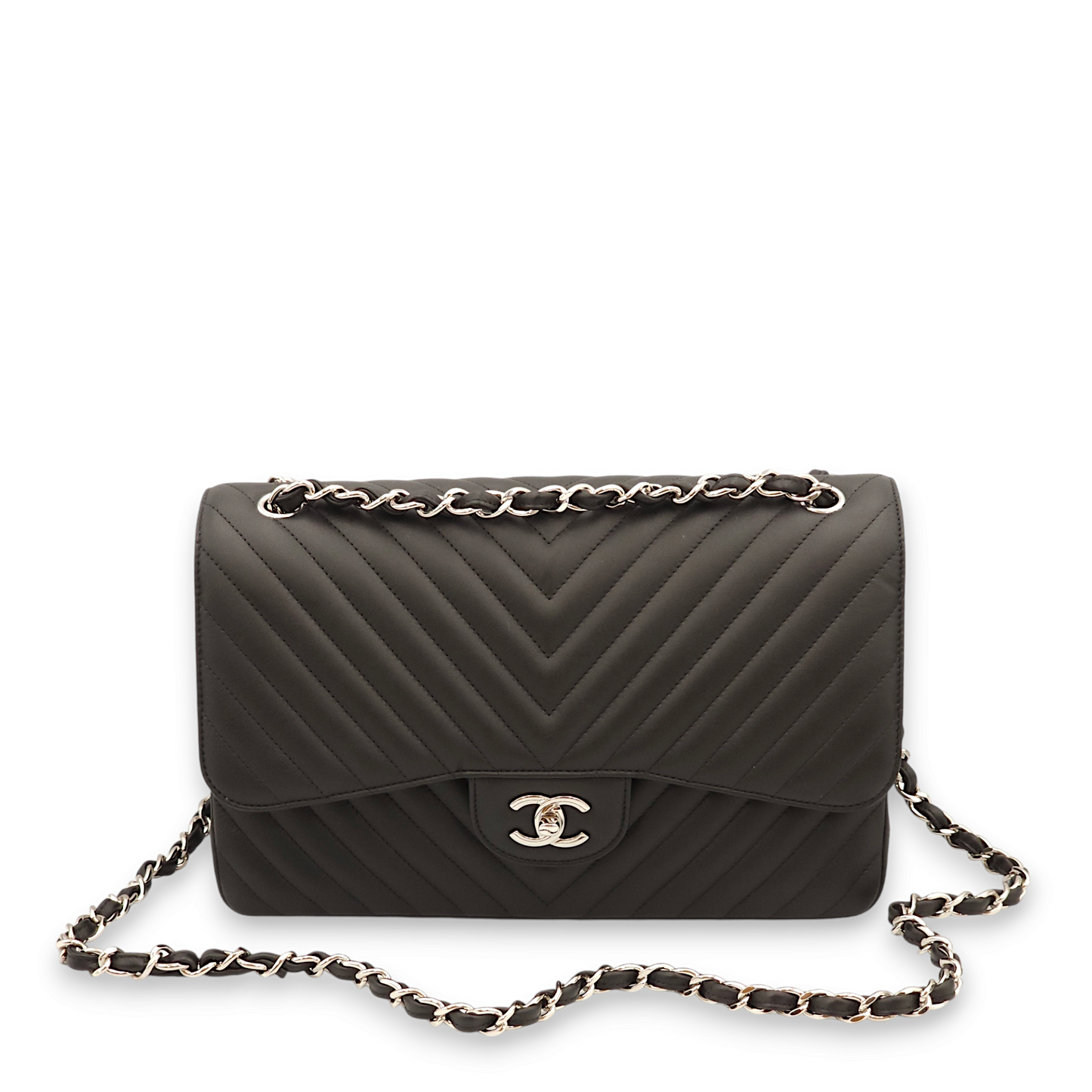 Chevron Double Flap Jumbo Black Shoulder Bag in Lambskin, Palladium hardware