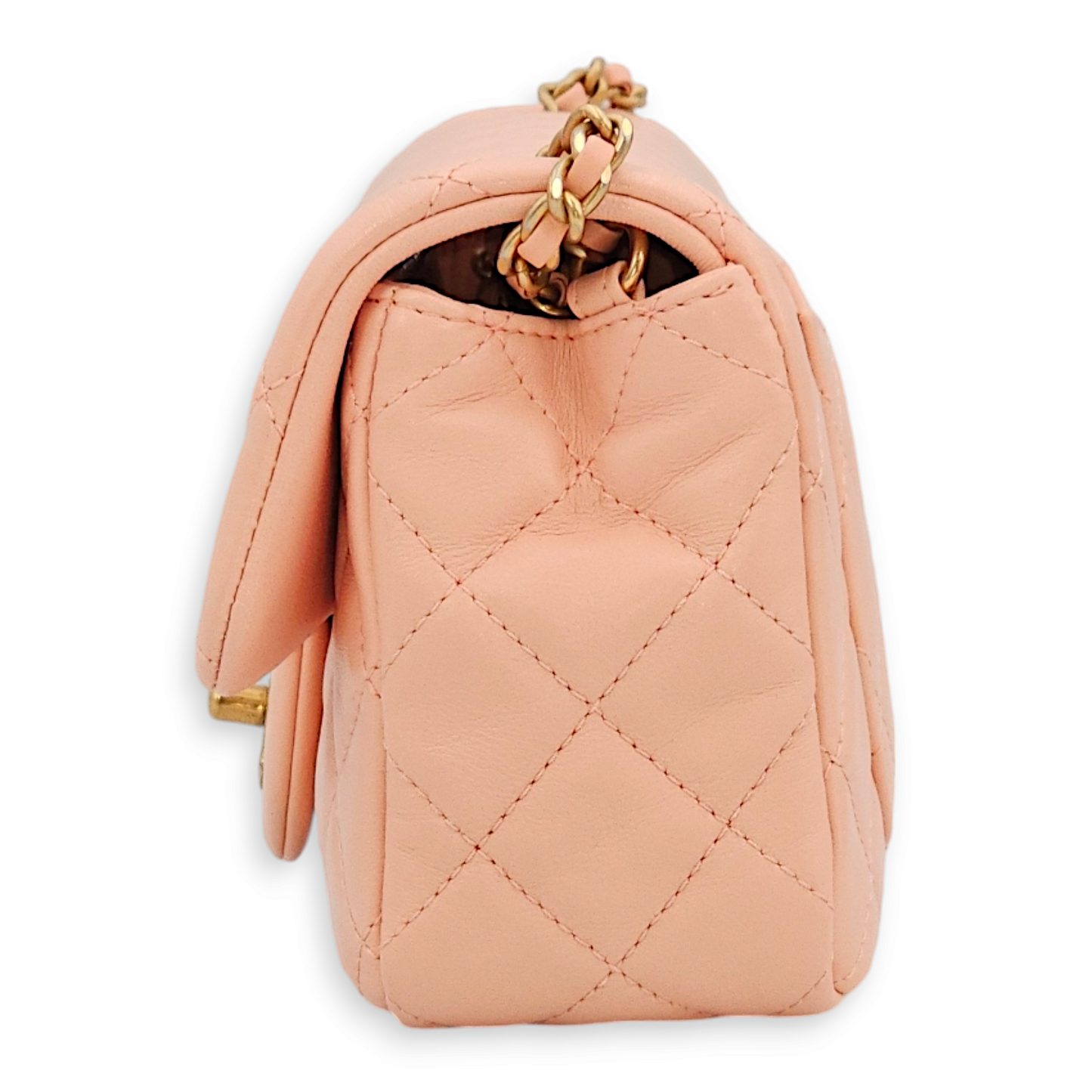 Pearl Crush Rectangle Mini Salmon Pink Crossbody Bag in Lambskin, Gold hardware