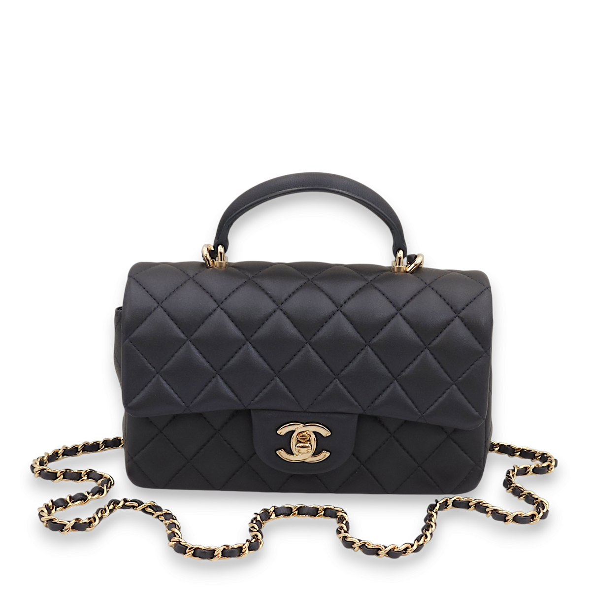 Quilted Rectangle Mini Blue Top Handle Bag in Lambskin, Gold hardware