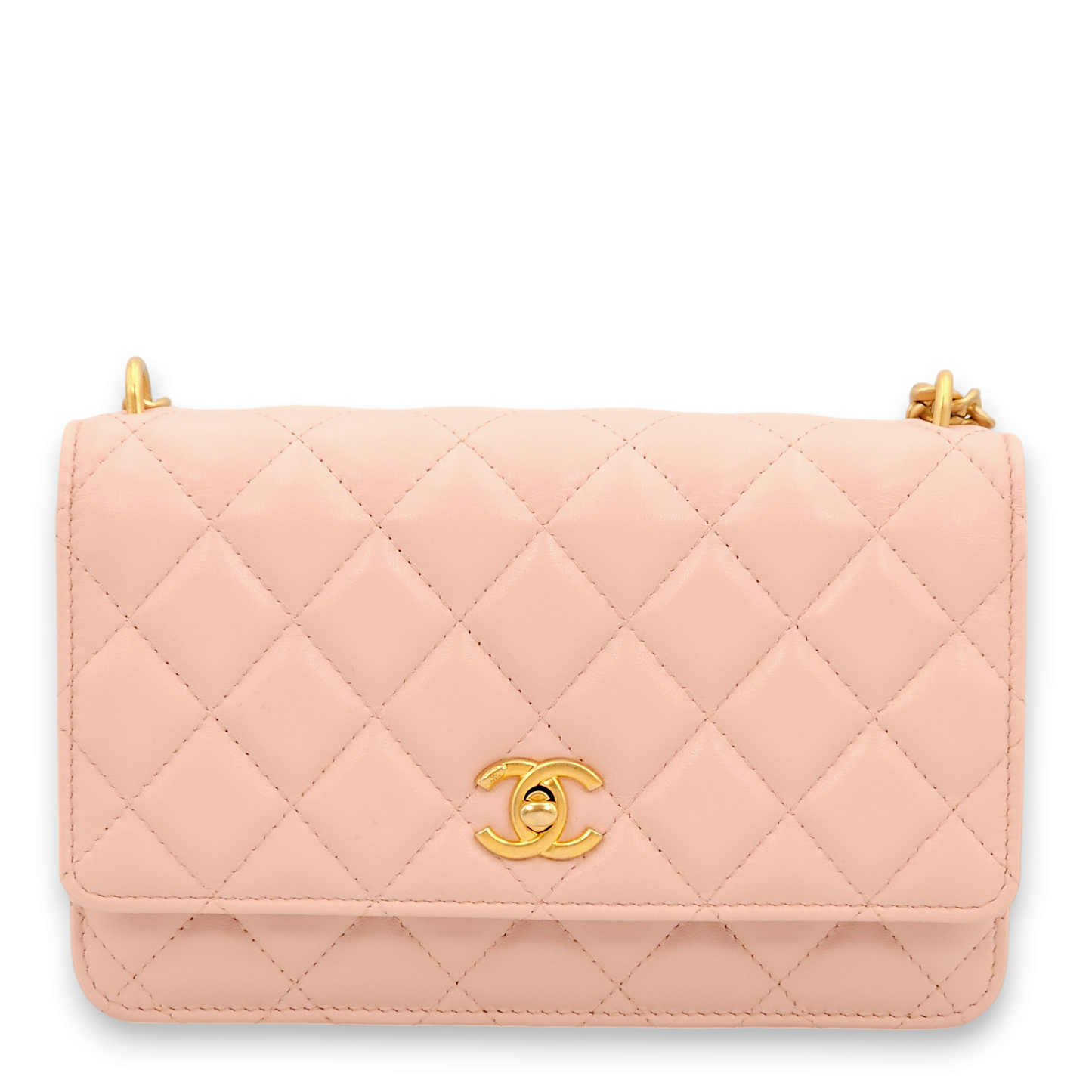 Camellia Light Pink Wallet On Chain in Lambskin, Gold hardware