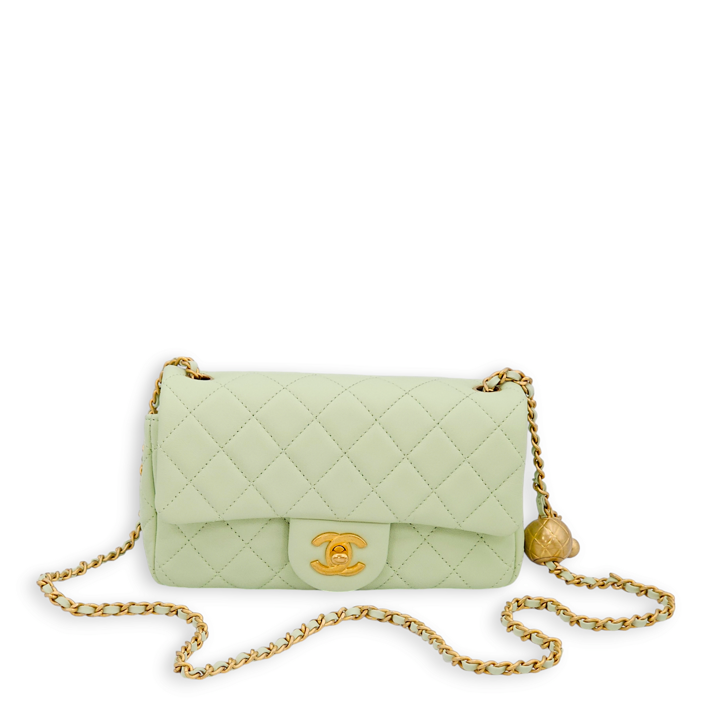 Pearl Crush Rectangle Mini Light Green Crossbody Bag in Lambskin, Gold hardware