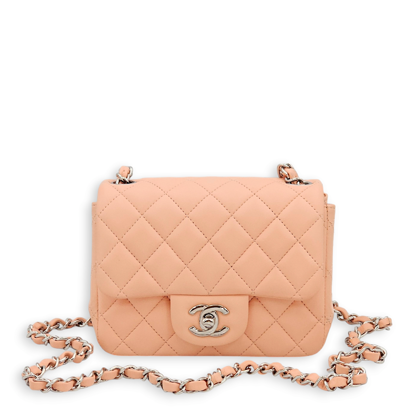 Classic Quilted Square Mini Salmon Pink Shoulder Bag in Lambskin, Palladium hardware