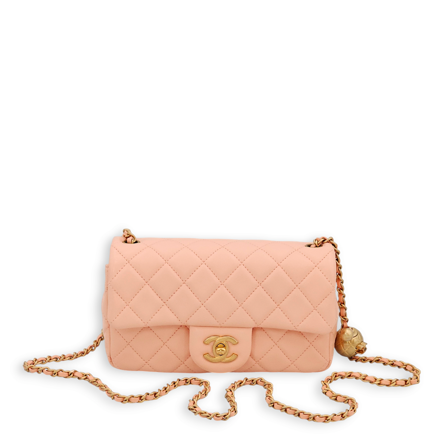 Pearl Crush Rectangle Mini Salmon Pink Crossbody Bag in Lambskin, Gold hardware