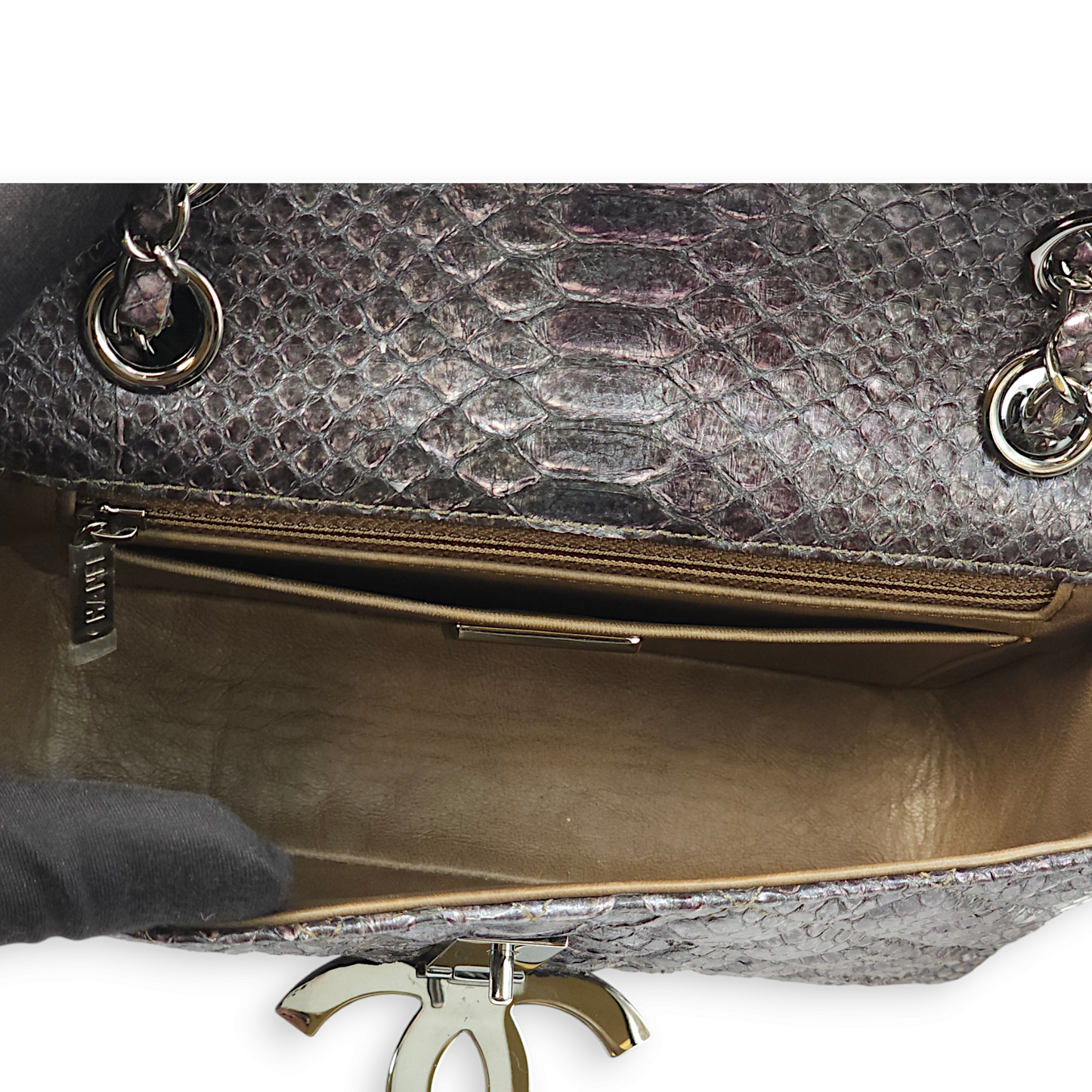Hampton Crystal CC Flap Purple Shoulder Bag in Python Leather, Chrome hardware