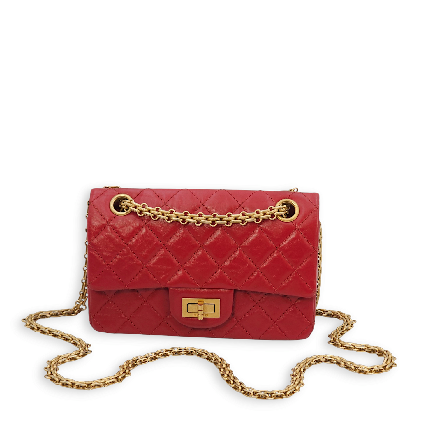 2.55 Reissue Mini Red Crossbody Bag in Distressed leather, Gold hardware