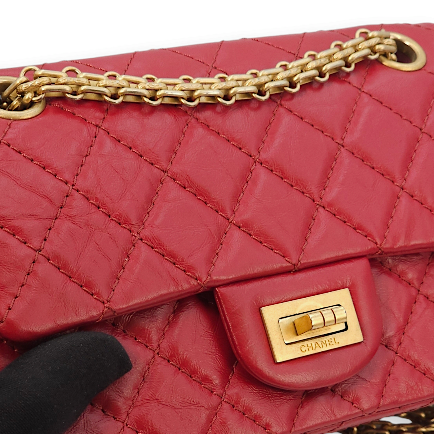 2.55 Reissue Mini Red Crossbody Bag in Distressed leather, Gold hardware