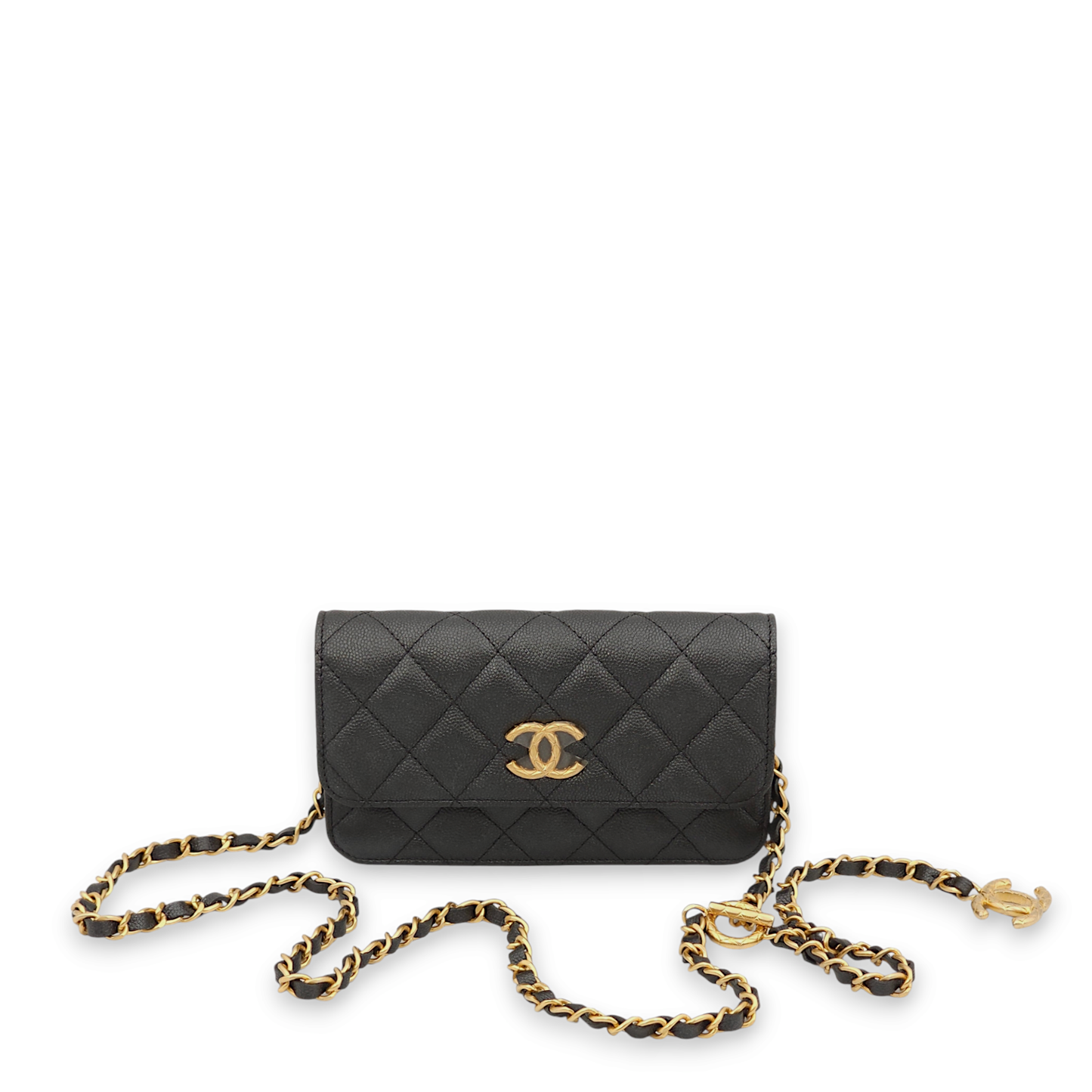 Quilted Black Wallet On Chain in Caviar Leather