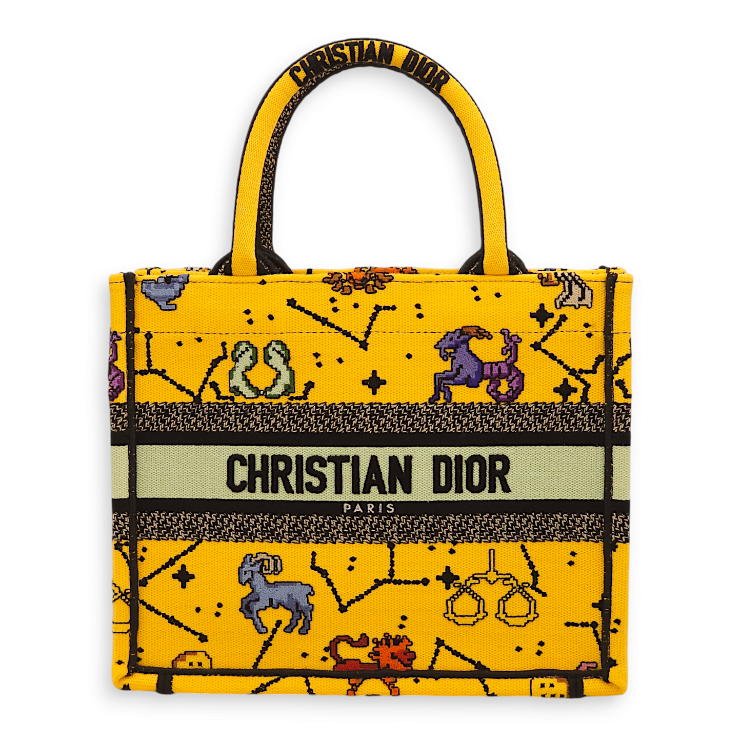 Pixel Zodiac Book Small Yellow, Multicolor Print Tote Bag in Embroidered Canvas