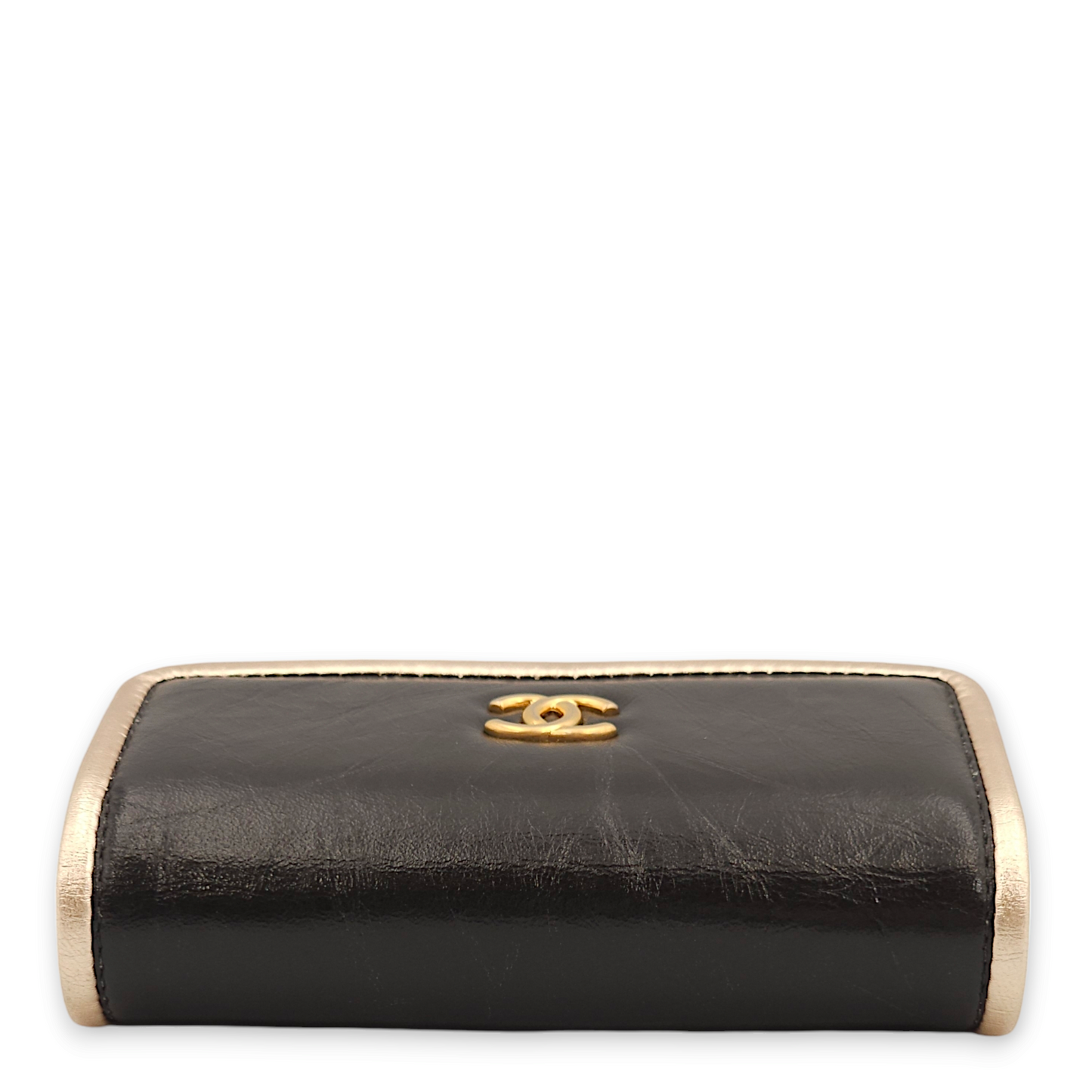 Purse Mini Black with Gold Trim Wallet On Chain in Calfskin, Gold hardware