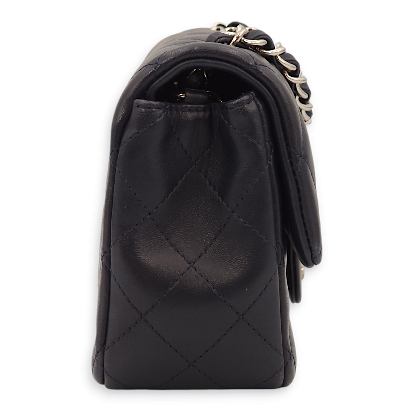 Rectangle Mini Navy Blue Crossbody Bag in Lambskin, Palladium hardware