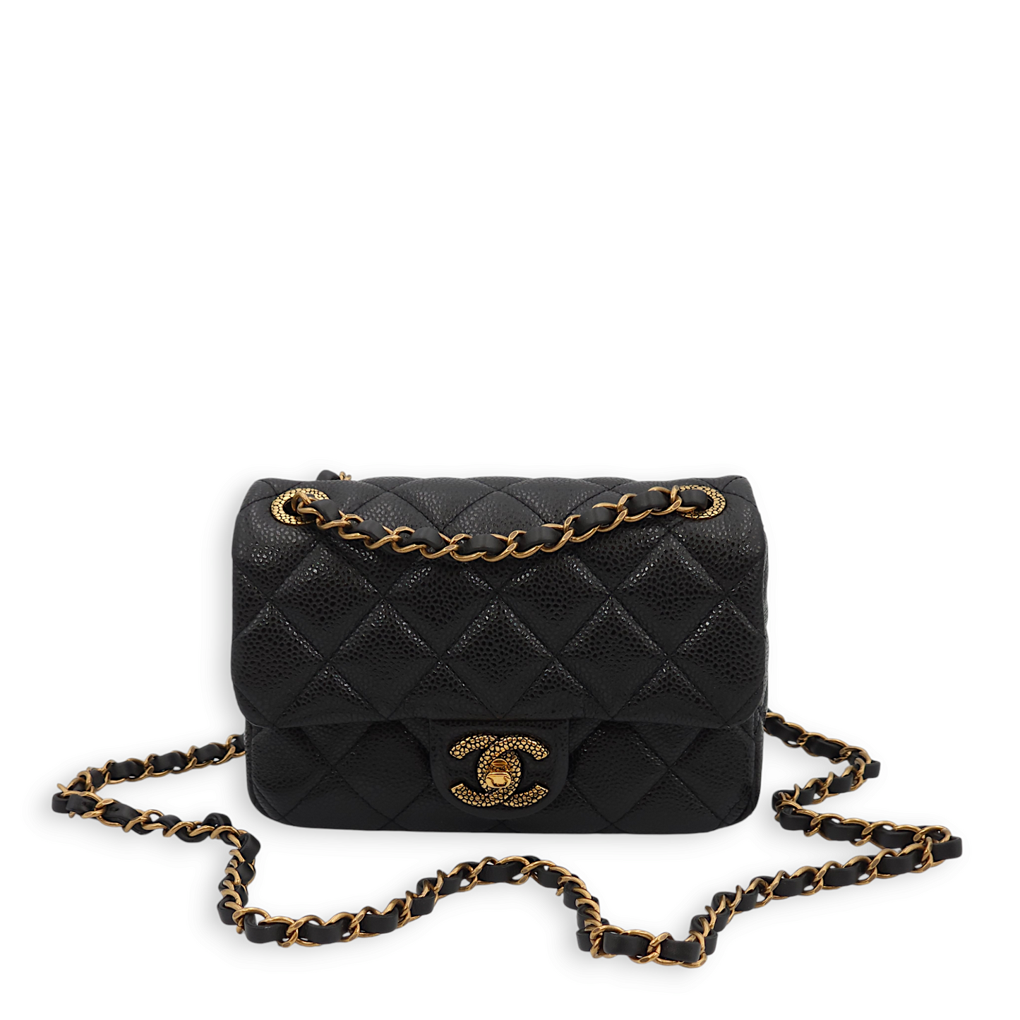 Seasonal Quilted Flap Mini Black Crossbody Bag in Caviar Leather, Gold hardware