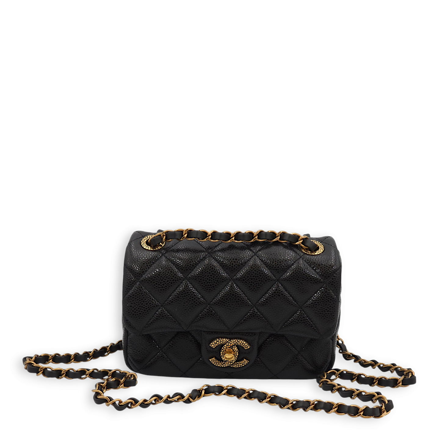 Seasonal Quilted Flap Mini Black Crossbody Bag in Caviar Leather, Gold hardware