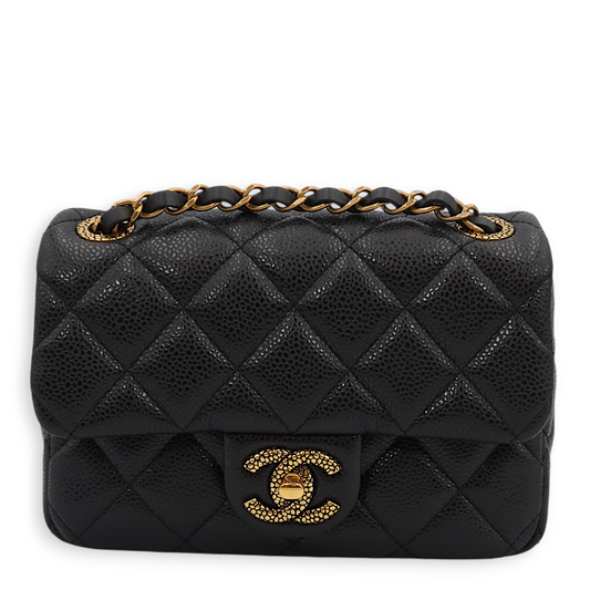 Seasonal Quilted Flap Mini Black Crossbody Bag in Caviar Leather, Gold hardware