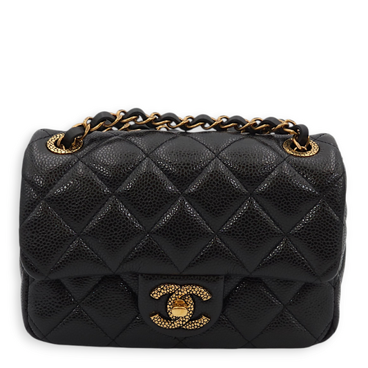 Seasonal Quilted Flap Mini Black Crossbody Bag in Caviar Leather, Gold hardware