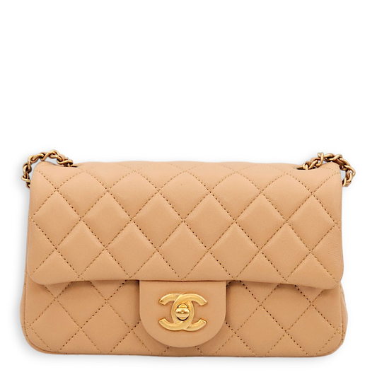 Pearl Crush Rectangle Mini Caramel Crossbody Bag in Lambskin, Gold hardware