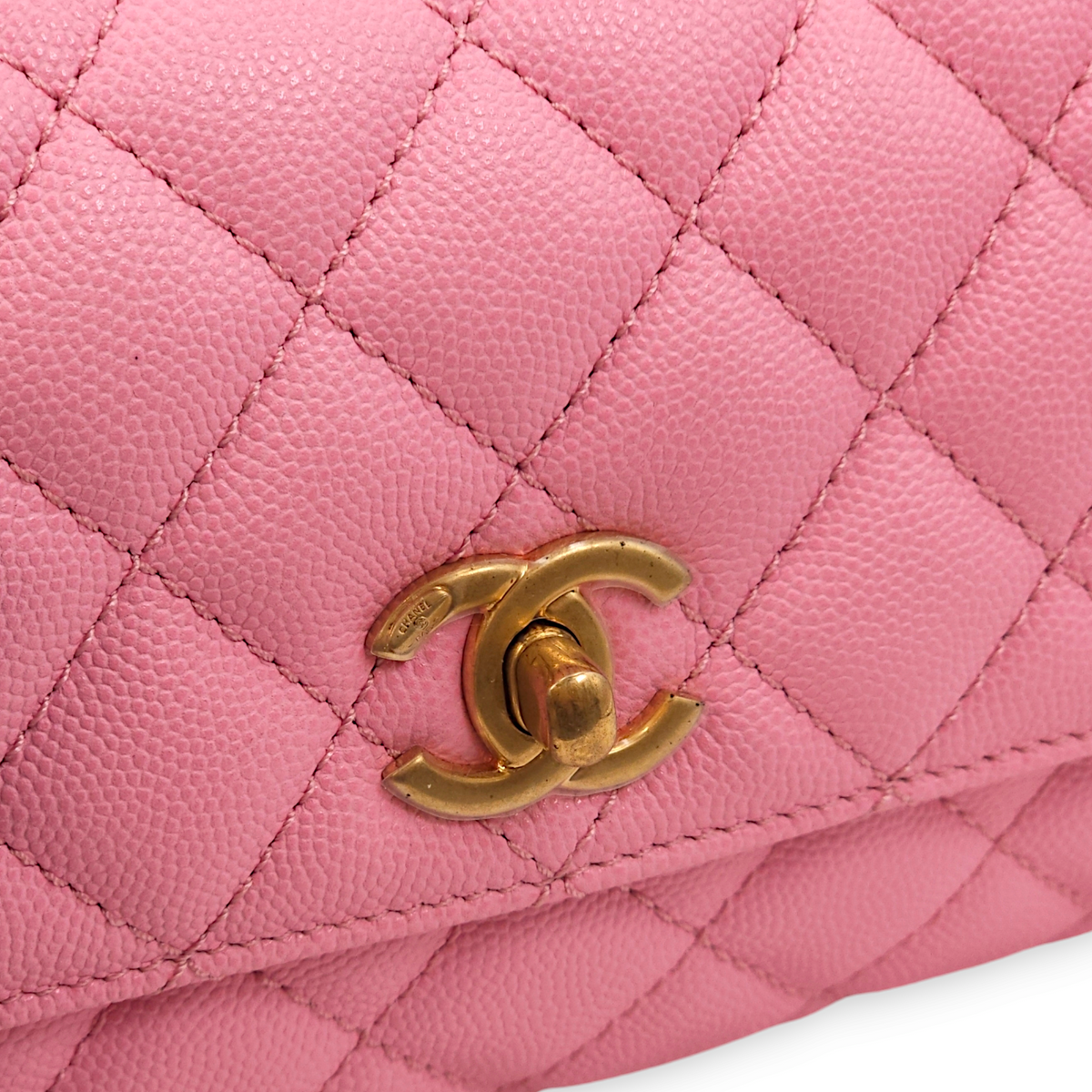 Quilted CoCo Mini Pink Top Handle Bag in Caviar Leather, Gold hardware