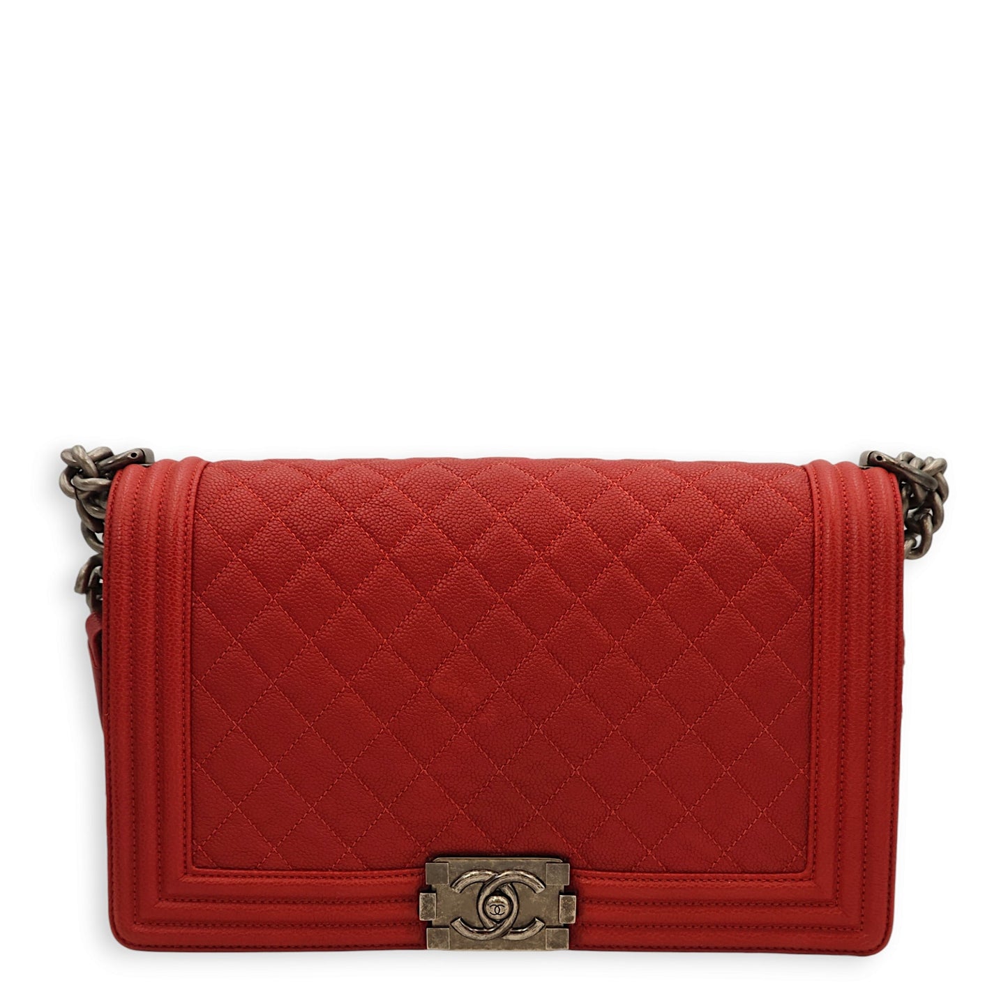 Quiled Le Boy Medium Red Shoulder Bag in Caviar, Ruthenium hardware