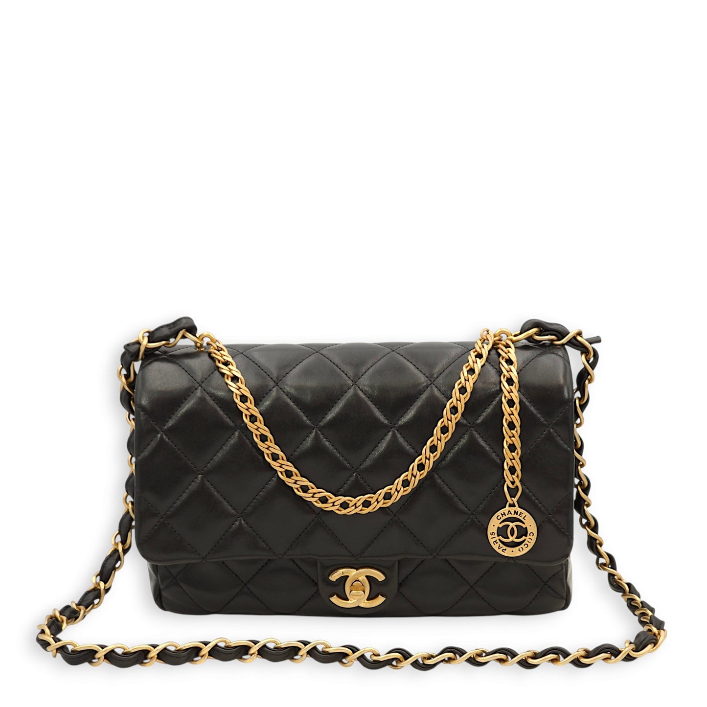 Quilted Seasonal Flap Black Crossbody Bag in Lambskin, Gold hardware