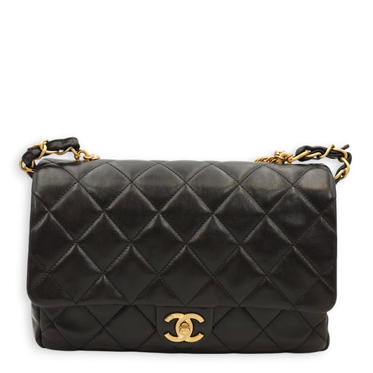 Quilted Seasonal Flap Black Crossbody Bag in Lambskin, Gold hardware