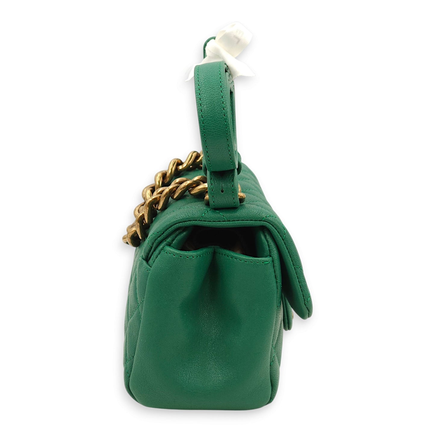 Trapezio Flap Green Crossbody Bag in Chevre Leather, Gold hardware