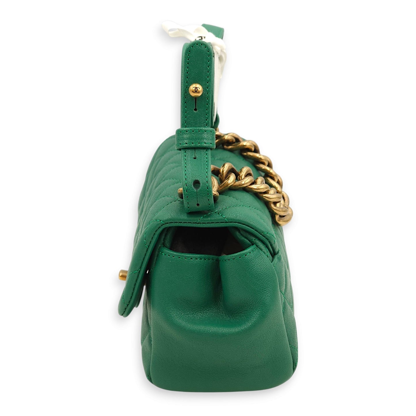 Trapezio Flap Green Crossbody Bag in Chevre Leather, Gold hardware