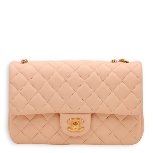 Camellia Crush Rectangle Flap Pink Shoulder Bag in Lambskin, Gold hardware