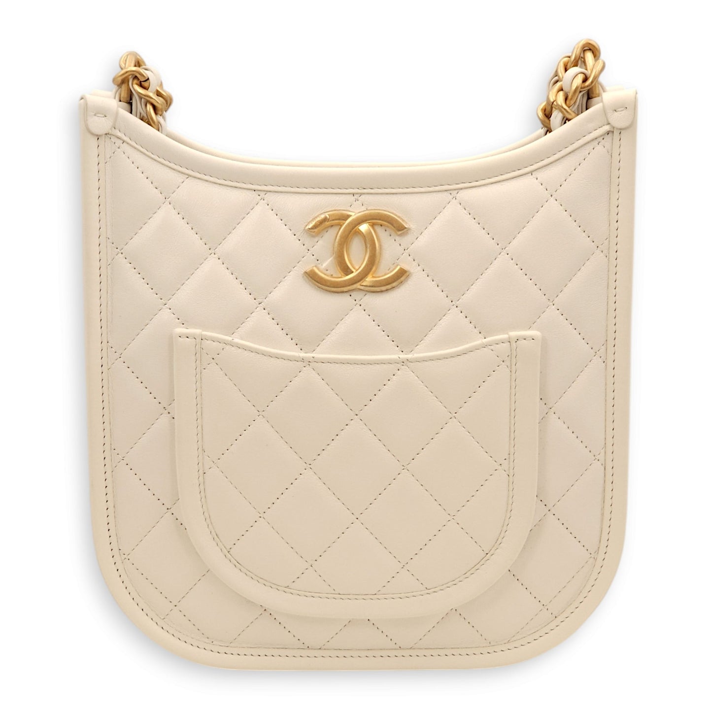 Quilted Hobo White Shoulder Bag in Lambskin, Gold hardware