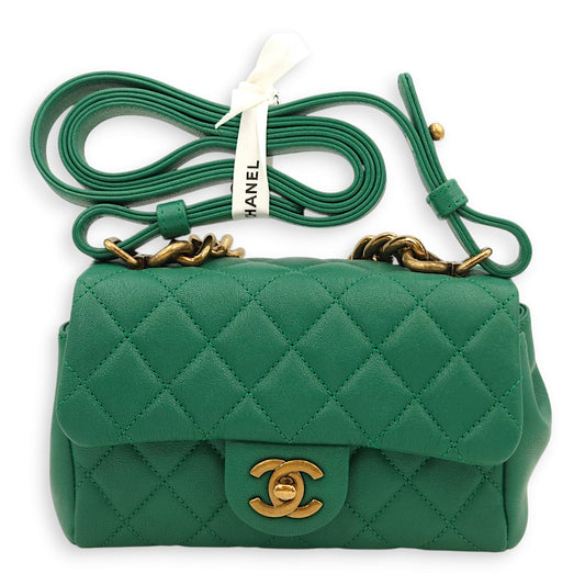 Trapezio Flap Green Crossbody Bag in Chevre Leather, Gold hardware