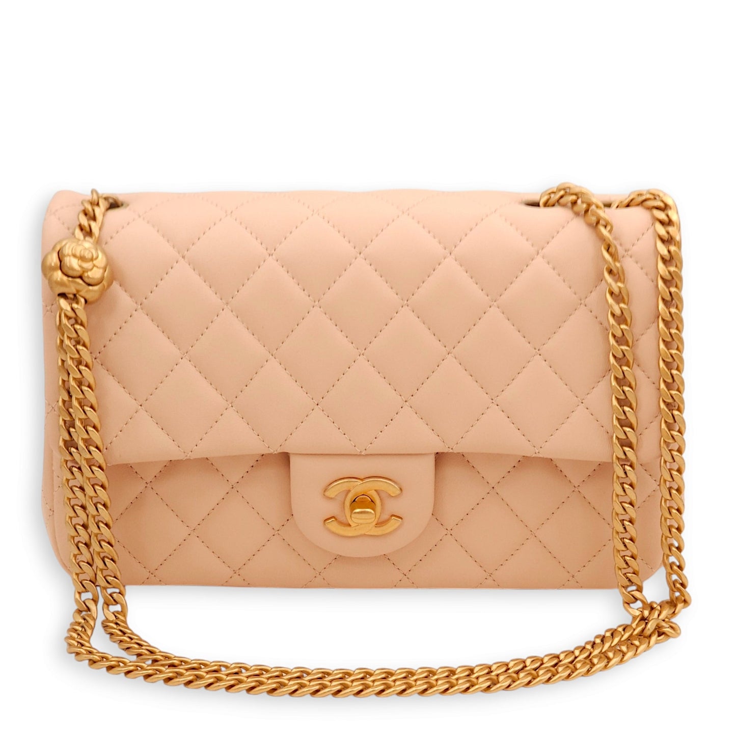 Camellia Crush Rectangle Flap Pink Shoulder Bag in Lambskin, Gold hardware