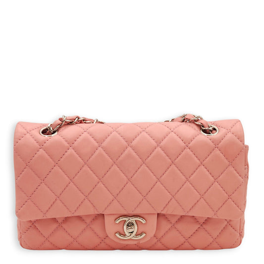 Classic Double Flap Pink Shoulder Bag in Lambskin, Silver hardware