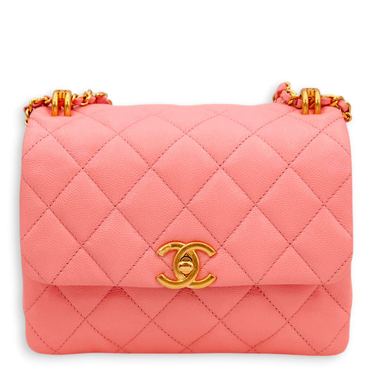 Coco First Flap Pink Shoulder Bag in Caviar Leather, Gold hardware