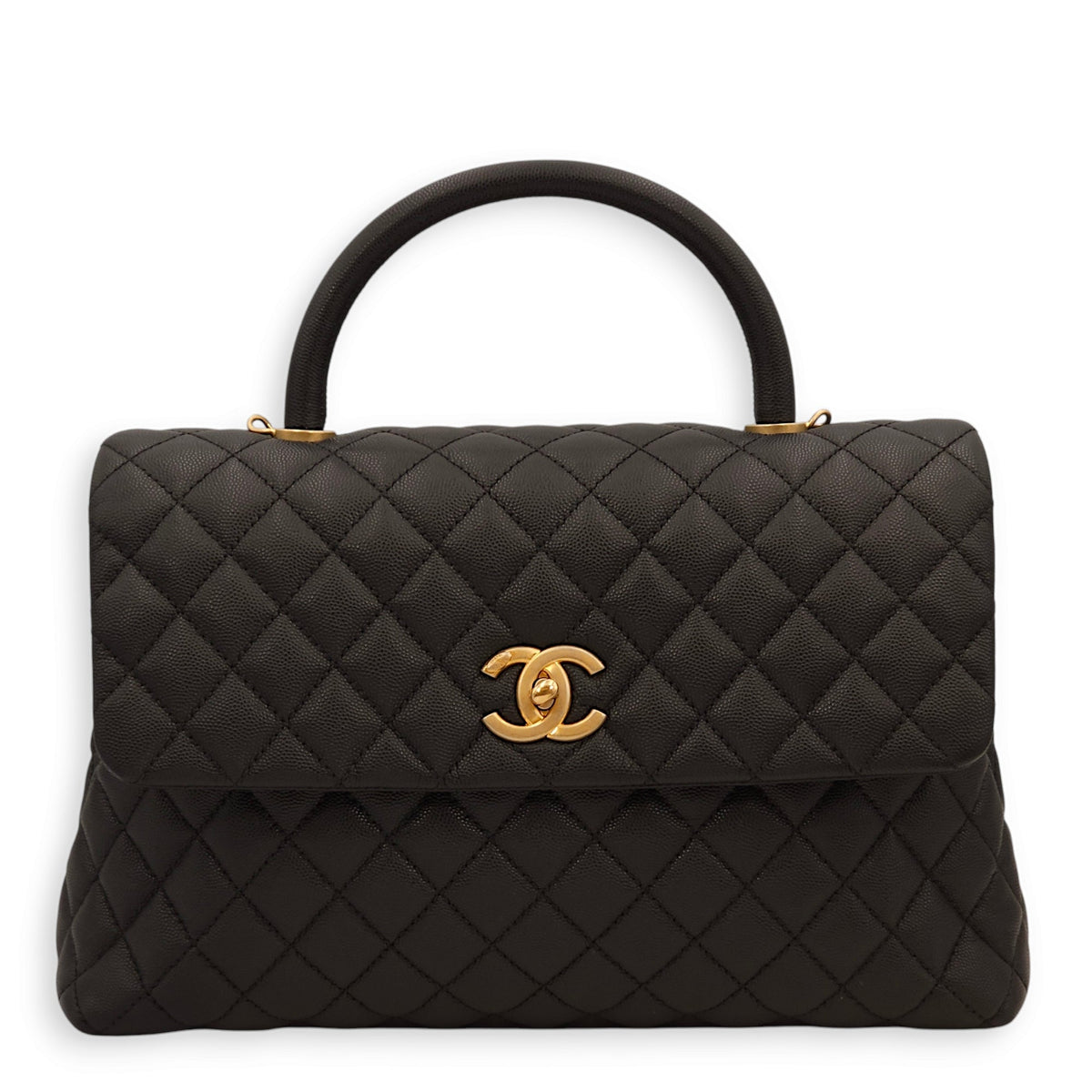Coco Large Black Top Handle Bag in Caviar Leather, Gold hardware