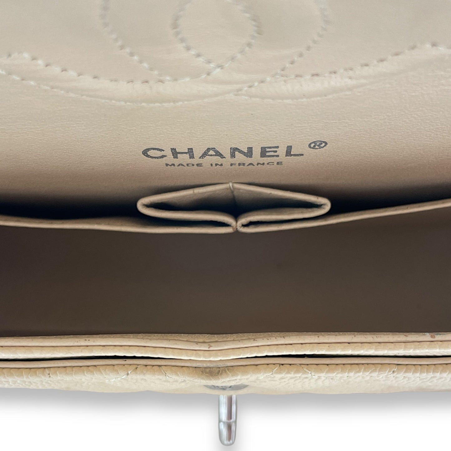 Classic Double Flap Beige Shoulder Bag in Caviar Leather, Silver hardware