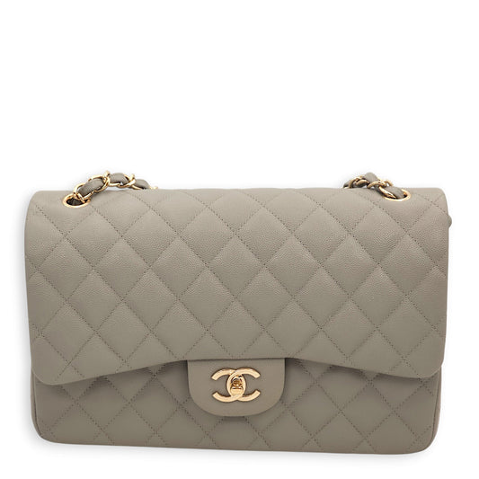 Classic Double Flap Grey Shoulder Bag in Caviar Leather, Gold hardware