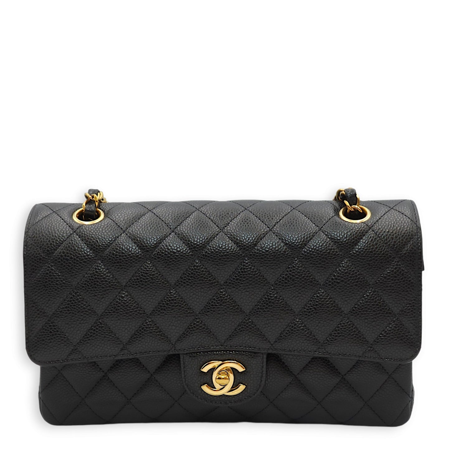 Classic Double Flap Medium Black Shoulder Bag in Caviar Leather, Gold hardware